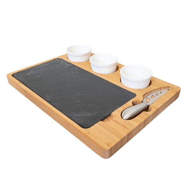 Bamboo Cheese Board with Knife and Dipping Bowls