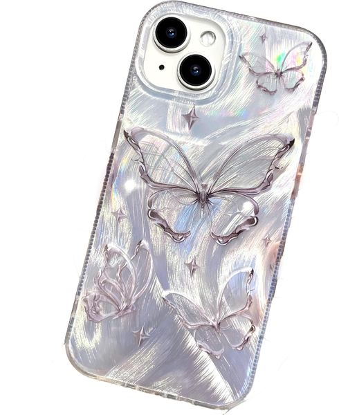 Phone Case for Phone 13 Shiny Silver Butterfly Design