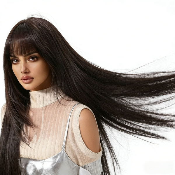 27 Inch Black Brown Straight Bangs Wig