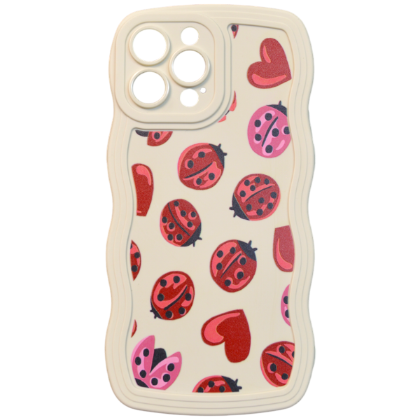 Ladybug Heart Pattern Wave Edge Phone Case For iPhone 12 Pro - Cream