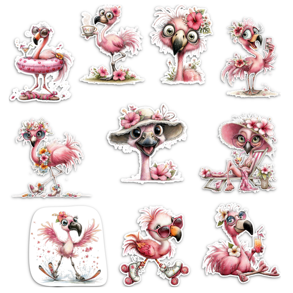TrendSpire Flamingos Sketched Vinyl Stickers (Colour) - Set of 10