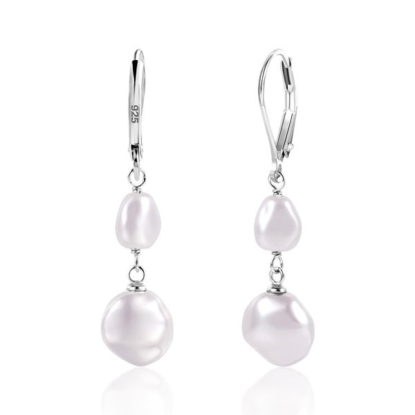 Pearl Earrings: 925 Silver Double Drop, Leverback Hypoallergenic