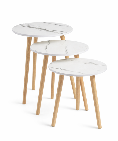 Set of 3 Modern Marble Nesting Tables - Round Side Tables with Wood Legs