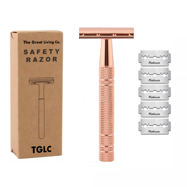 Premium Double Edge Shaving Razor &amp; 5 Platinum Coated Blades - Rose Gold