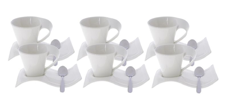 Elegant 6 Piece Wave Cup &amp; 6 Wave Saucer &amp; 6 Piece 18/0 Stainless Steel Teaspoons