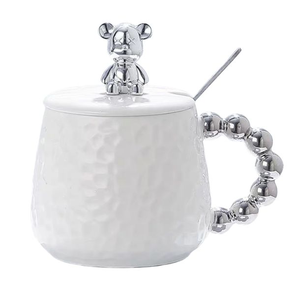 Elegant Bear Ceramic Mug Set - Ripple Glossy Cup, 3D Silver Bear &amp; Spoon