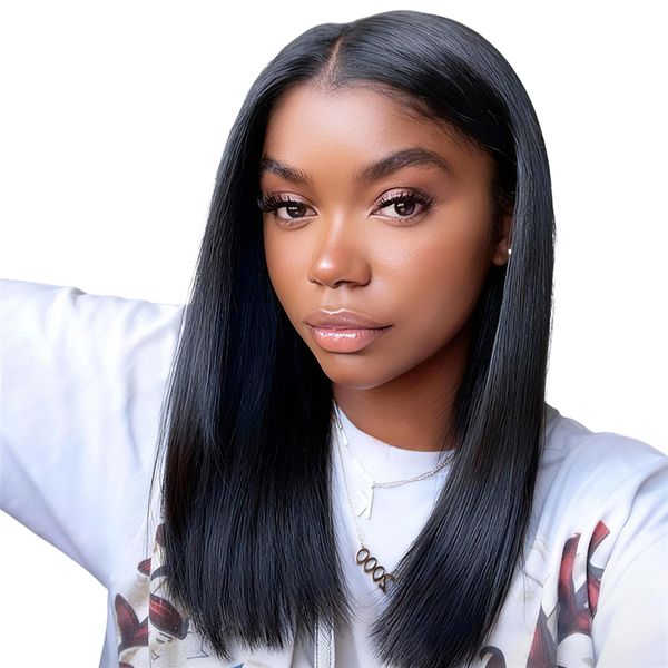 Black In 16" Peruvian Full Frontal Wig-13x4 Straight Short Bob Hair
