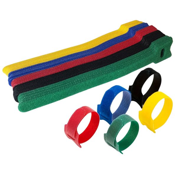 50 x Velcro hook and loop assorted colour reusable ties, 150mm x 10mm