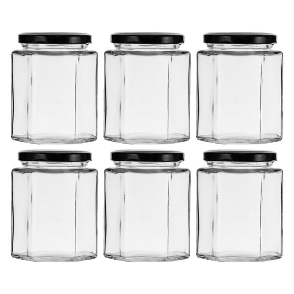 Regent 280ml Glass Hexagonal Jar With Black Lid 6 Pack (97X65X65Mm)