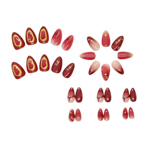 30 Piece - Press On Nails Set With 3D Design - Burgendy &amp; Gold