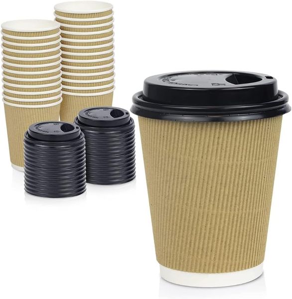 Paper Cups-Disposable Insulated-Double Wall-Ripple Design with Lids- 250 ml