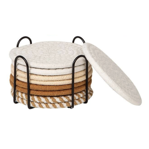 Designer Woven Coasters with Metal Holder - 8 Pack