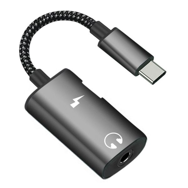 2-in-1 Type-C to 3.5mm Adapter Black Compatible with USB-C Phones