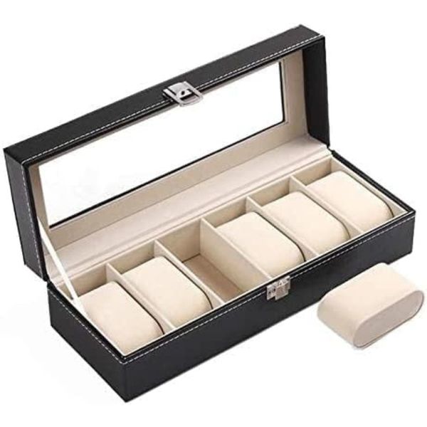 6 Grids Watch Box PU Leather Watch Case Holder Jewelry Boxes Display-Black