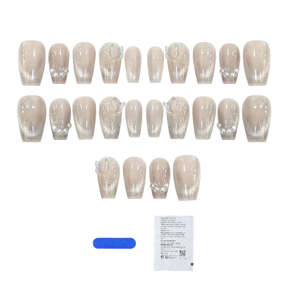 24 Piece Pearl Accent Press-On Nail Set with Butterfly Details - Silver
