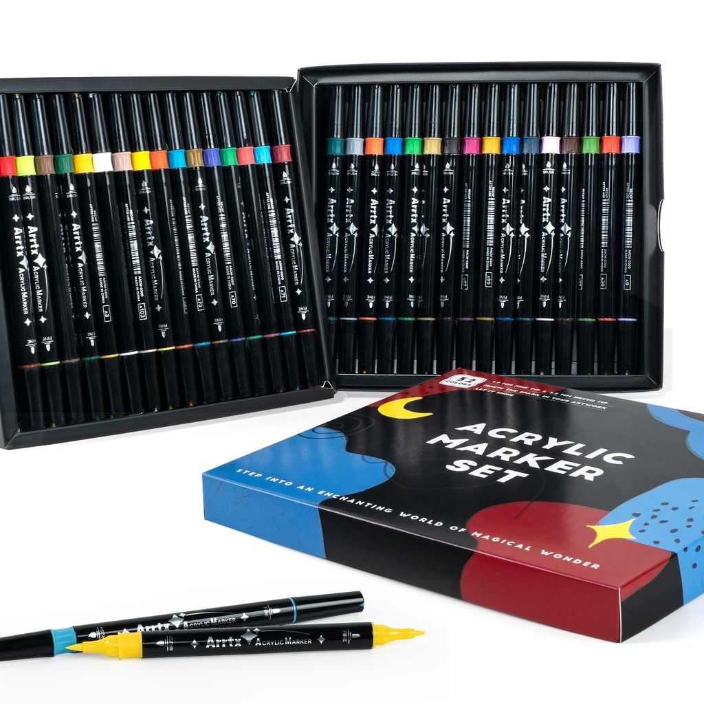 Arrtx Acrylic Paint Pens, 32 Colors Brush Tip and Fine Tip (Dual