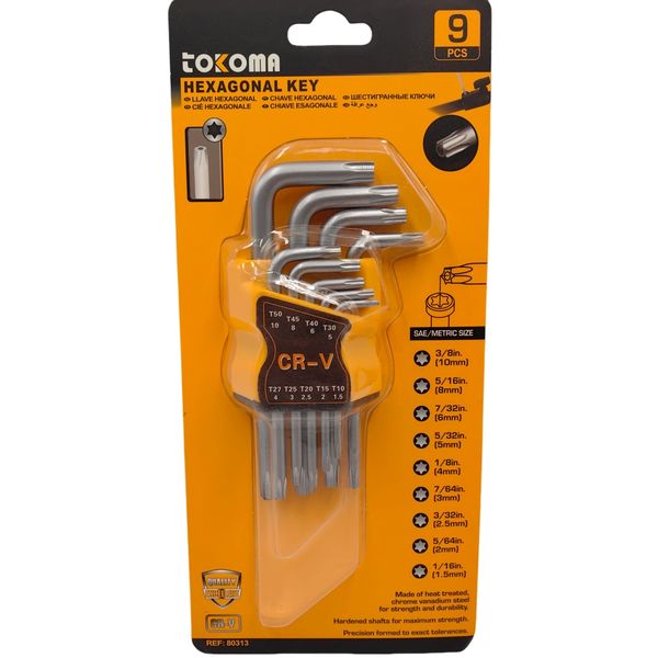 TOKOMA 9-Piece Hexagonal Key Set with CR-V Steel