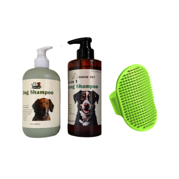 Dog Shampoo &amp; Grooming Brush Combo Set - 2 Pet Shampoo Bottles