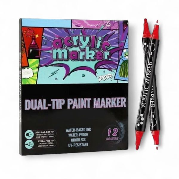 12 Colour Dual-Tip Supreme Acrylic Paint Marker Set - Fine Tip &amp; Dot Tip