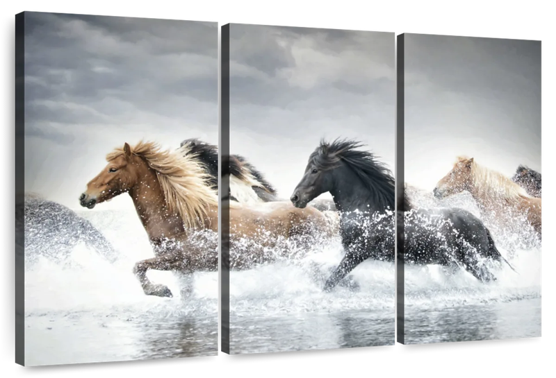 Canvas Art - Sea Horse Run 3 Piece Canvas Wall Art Decor