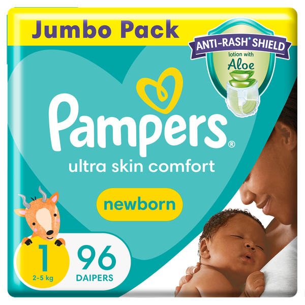 Pampers Anti-Rash Shield Taped Size 1 (2-5 kg) 96 Nappies, Lotion With Aloe