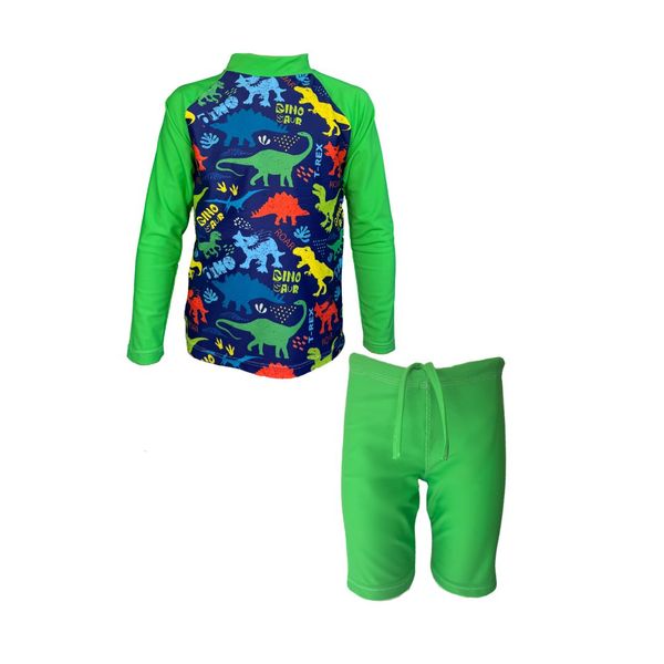 Kids Swim Two Piece Set: Rash Guard Vest and Shorts Dinosaurs