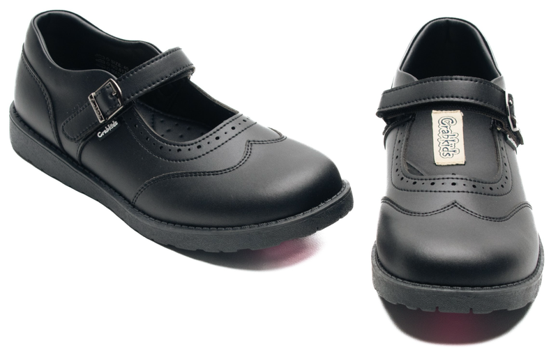 CrabKids Black Mary Jane School Shoes with Elegant Decorative Design