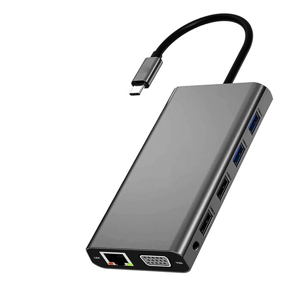 Tuff-Luv 12 in 1 Hub Type C Dual HDMI+VGA+USB*4+RJ45+3.5AUDIO+SD+TF with 100watt PowerPass through delivery - Silver