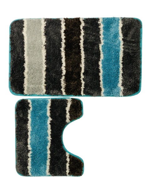 2 Piece Bathroom Mat Fluffy Blue &amp; Grey Plain