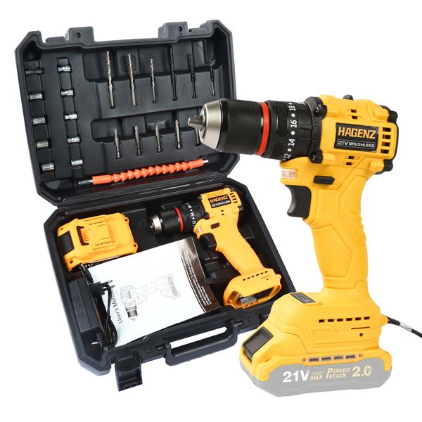 Hagenz 21V Brushless Impact Drill, with 2.0Ah Battery and Charger