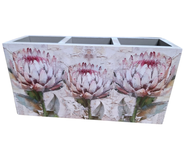 3 Blooming Pink Proteas Cutlery or Stationary Holder