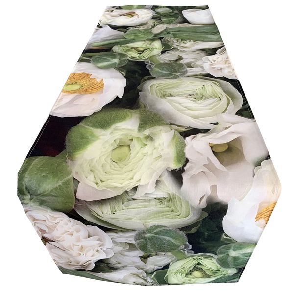 I Love it Here - Green and White Modern Flowers 240 cm Table Runner
