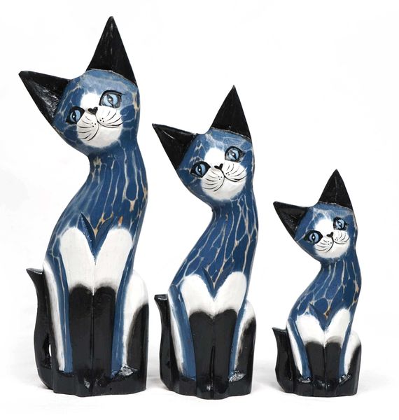 Wood Cat Set Standing Set Of 3- Blue