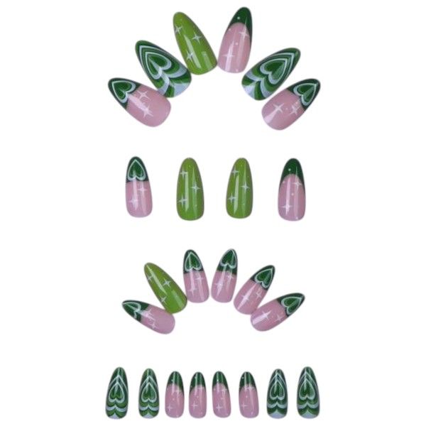 24 Piece - Long Almond Shaped Heart Pattern Nails - Green