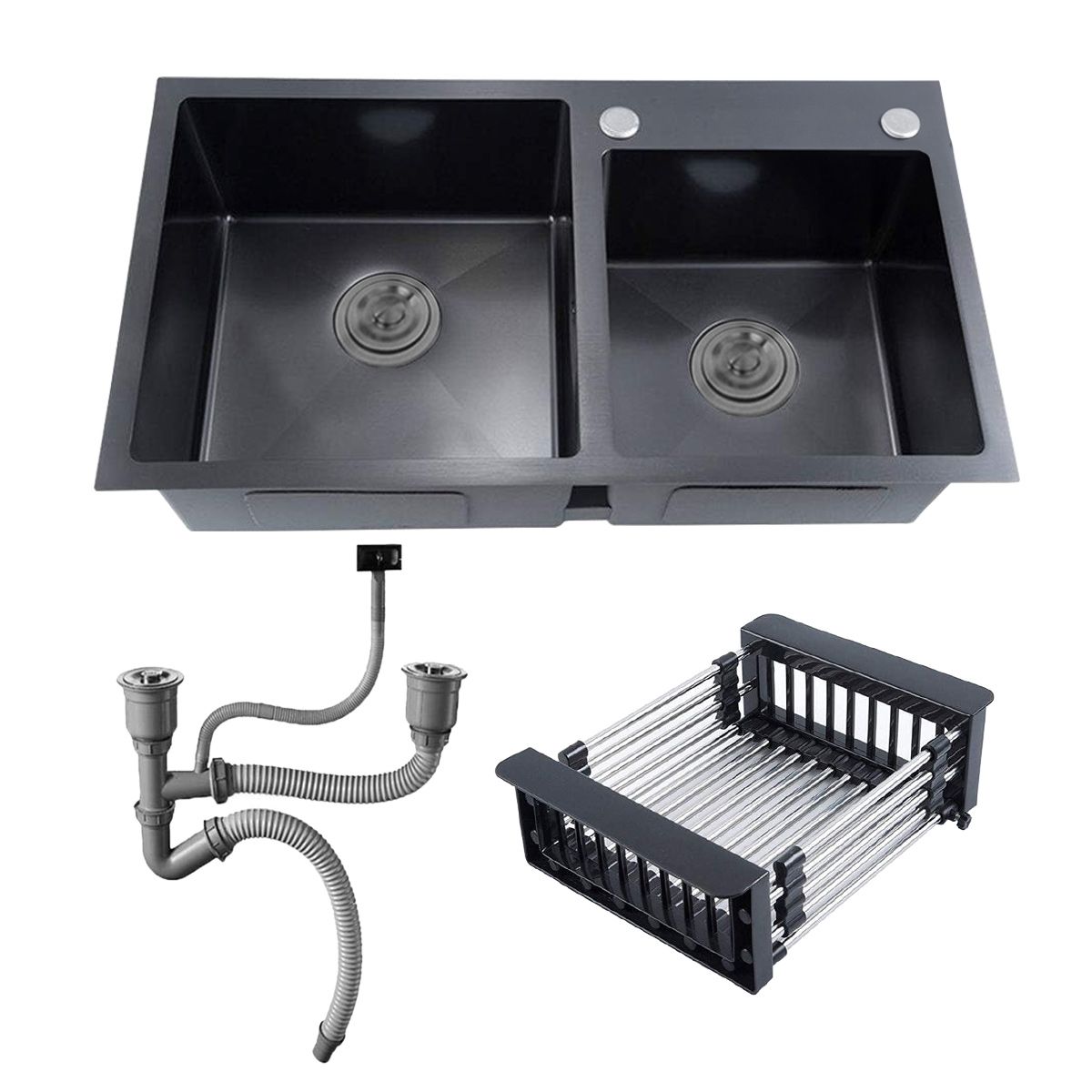 Double Bowl Kitchen Sink with Downpipe and Drain Basket