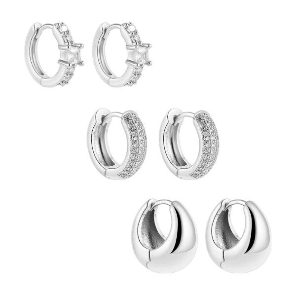 3 Pairs - Rhinestone-Accented Hoop Earrings Set - Gold