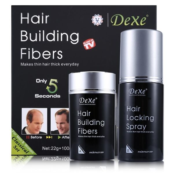 Dexe Hair Builder Kit - 22g of Fiber Black and 100ml Hair locking spray