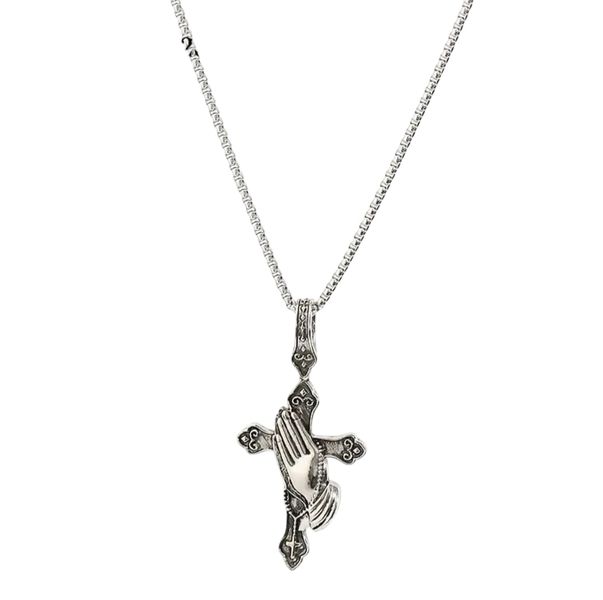 Stainless Steel Praying Hands Necklace with Cross Pendant