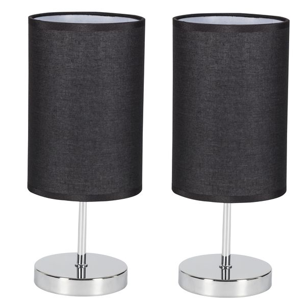 Minimalist Chrome Base Table Lamps with Black Shades - Twin Pack