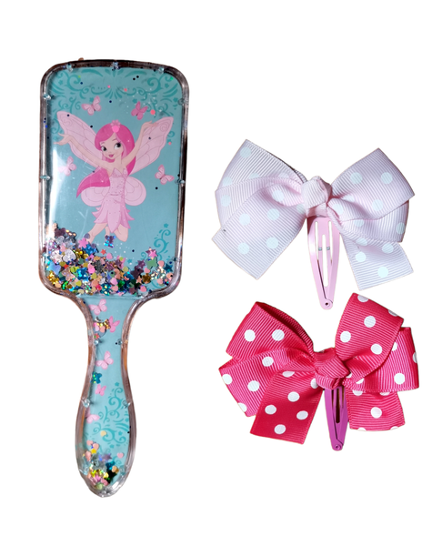 Fairly Glitter Kids Hair Brush Set With Bow Clips