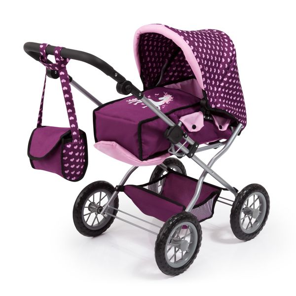 Bayer Combi Grande Dolls Pram - Unicorn- Pink/Purple with Bag &amp; Accesories - 75cm