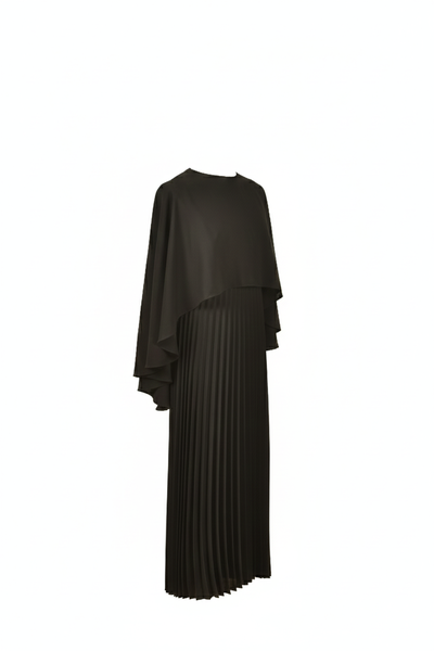 Sophisticated Black Pleated Maxi Dress with Slitted Cape Detail By Amiiraa