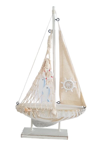Nautical Wooden Beach Theme Ship on Stand - White/Beige