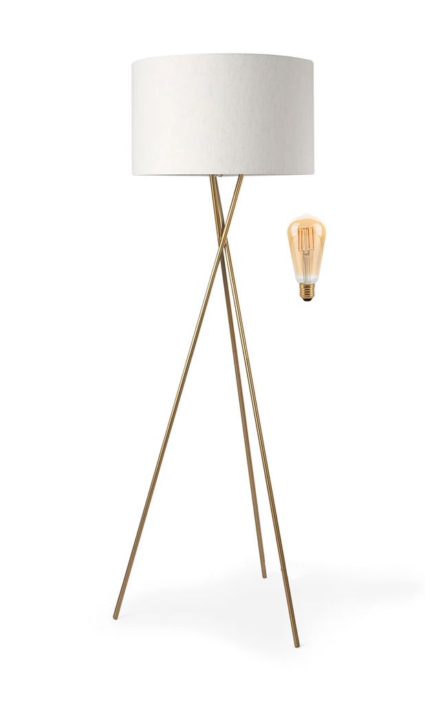 DrLight Copper Tripod Floor Lamp with White Beige Shade and Filament Bulb