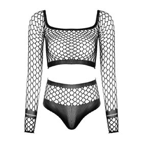 Hollow Out Fishnet Bikini See-through Lingerie Sexy Crop Top with Thong