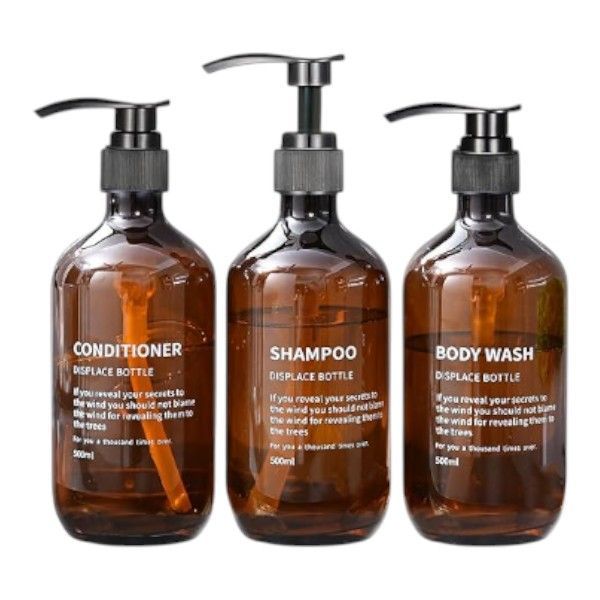 Amber Plastic Pump Dispenser Bottles - 500ml - Brown - 3-Pack