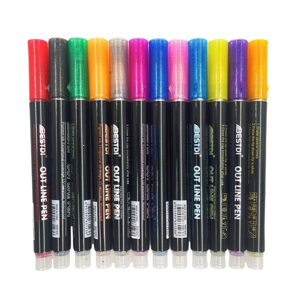 12 Color Waterproof Glitter Marker Pen with Round Tip Cut Line Pen