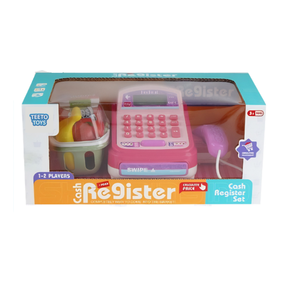 Pink Toy Cash Register Set with Scanner, Play Money &amp; Groceries for Girls