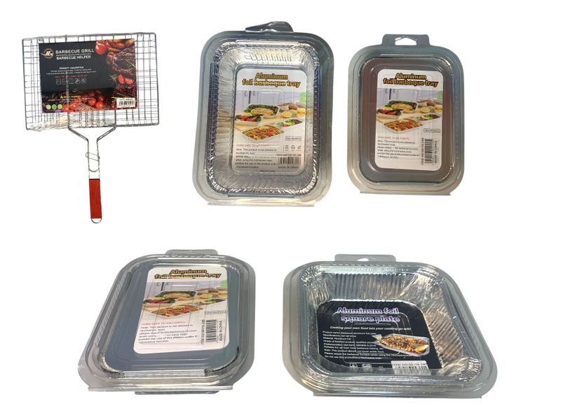 BBQ Accessory Set - Foldable Grill Basket &amp; Foil Trays