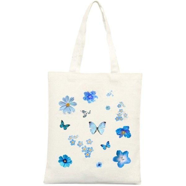 Butterfly And Floral Print Canvas Tote Bag - White/Blue